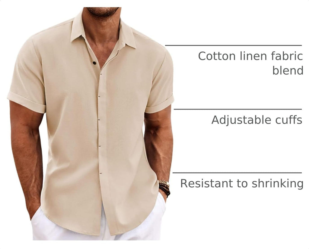 COOFANDY Men's Linen Shirts Short Sleeve Casual Shirts Button Down Shirt for Men Beach Summer Wedding Shirt