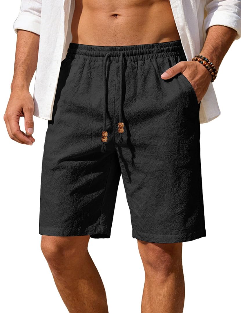 Men's Cotton Linen Shorts Casual Elastic Waist Drawstring Summer Beach Vacation Shorts with Pockets
