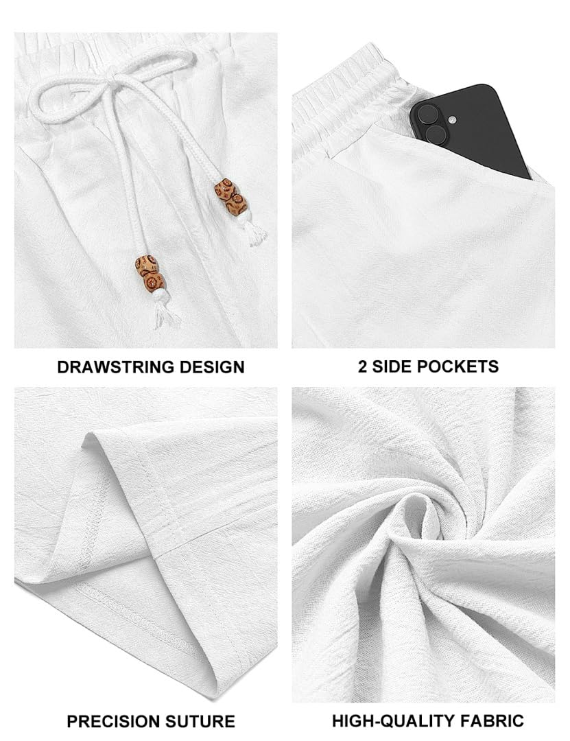 Men's Cotton Linen Shorts Casual Elastic Waist Drawstring Summer Beach Vacation Shorts with Pockets