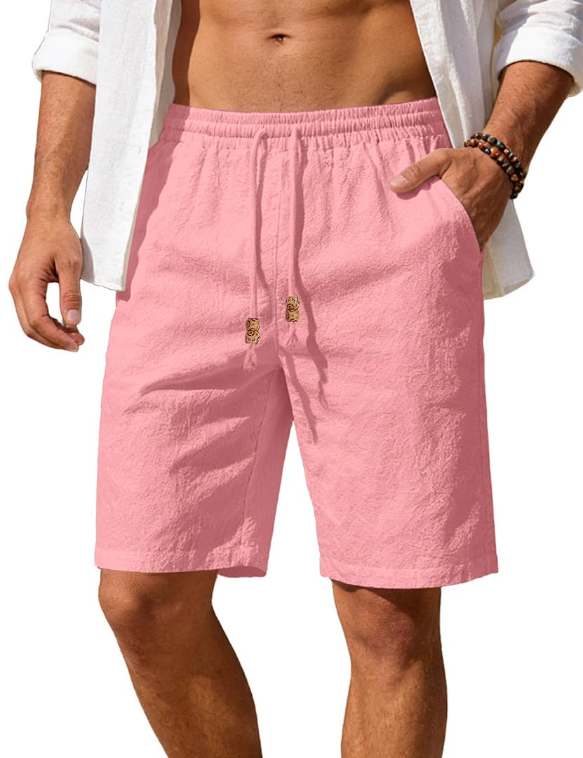 Men's Cotton Linen Shorts Casual Elastic Waist Drawstring Summer Beach Vacation Shorts with Pockets