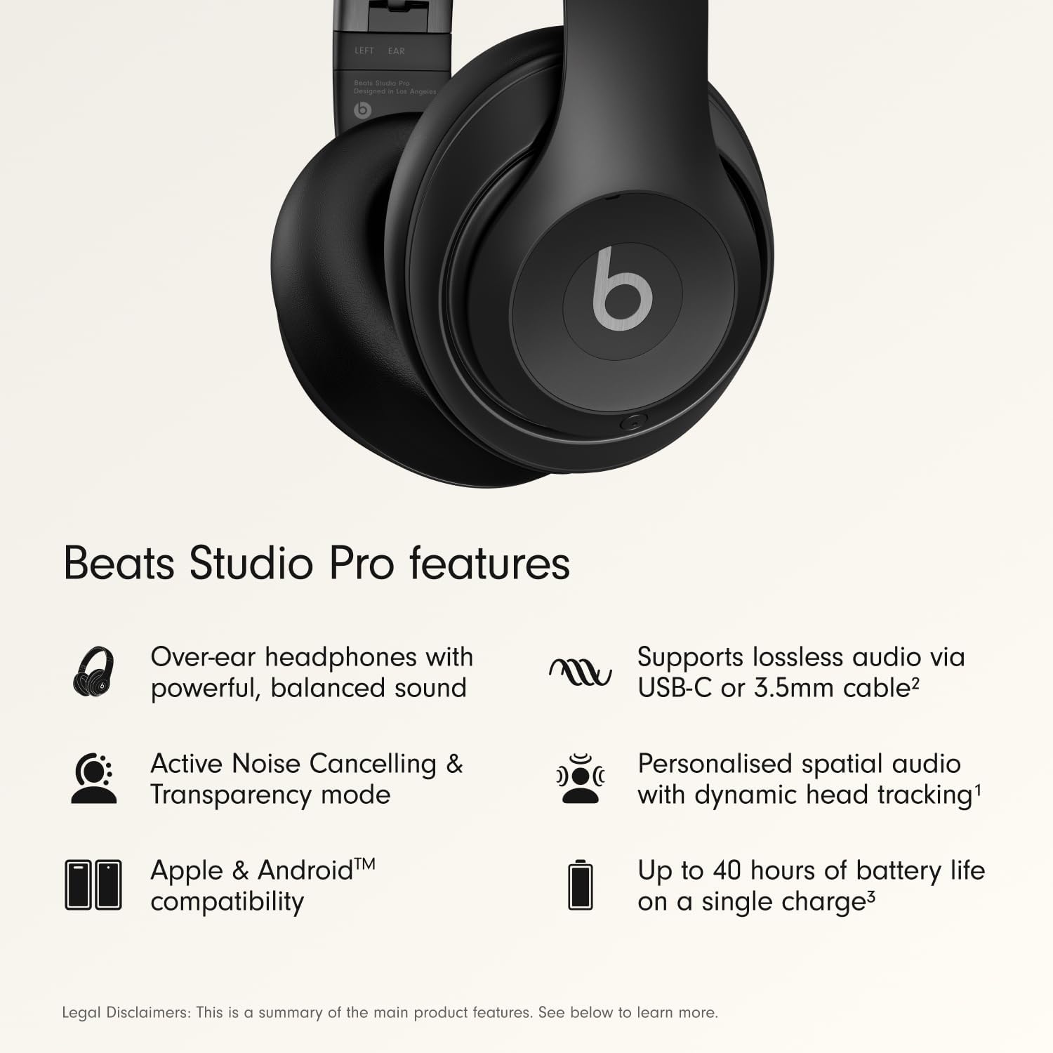 Beats Studio Pro Premium Wireless Over-Ear Headphones- Up to 40-Hour Battery Life, Active Noise Cancelling, Great for Travel & Commuting, USB-C Lossless Audio, Apple & Android Compatible -Black | Over-ear audio with active noise canceling, 40-hour battery