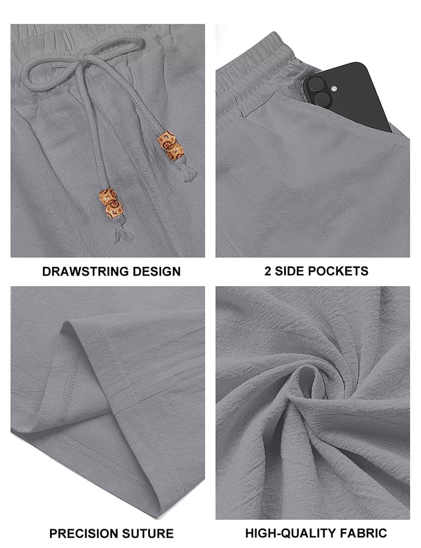 Men's Cotton Linen Shorts Casual Elastic Waist Drawstring Summer Beach Vacation Shorts with Pockets