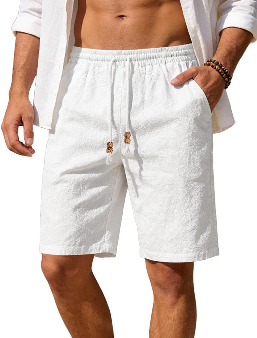 Men's Cotton Linen Shorts Casual Elastic Waist Drawstring Summer Beach Vacation Shorts with Pockets