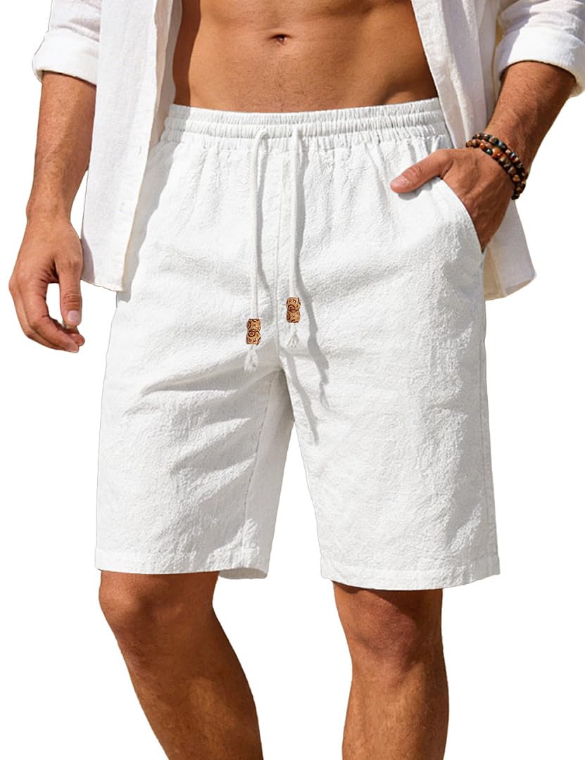 Men's Cotton Linen Shorts Casual Elastic Waist Drawstring Summer Beach Vacation Shorts with Pockets