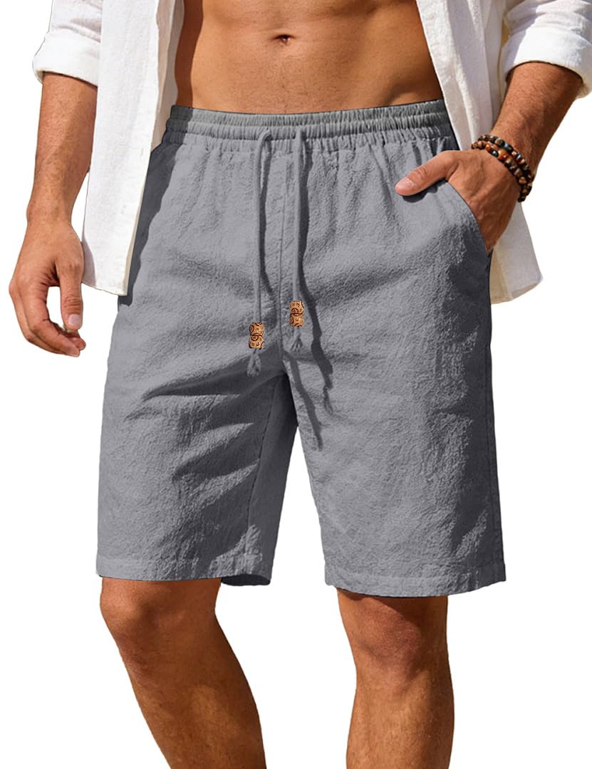 Men's Cotton Linen Shorts Casual Elastic Waist Drawstring Summer Beach Vacation Shorts with Pockets