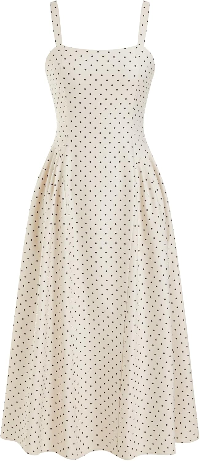 CIDER Womens Polka Dots Summer Casual Dresses Square Neck Sleeveless Midi A Line Elegant Dress