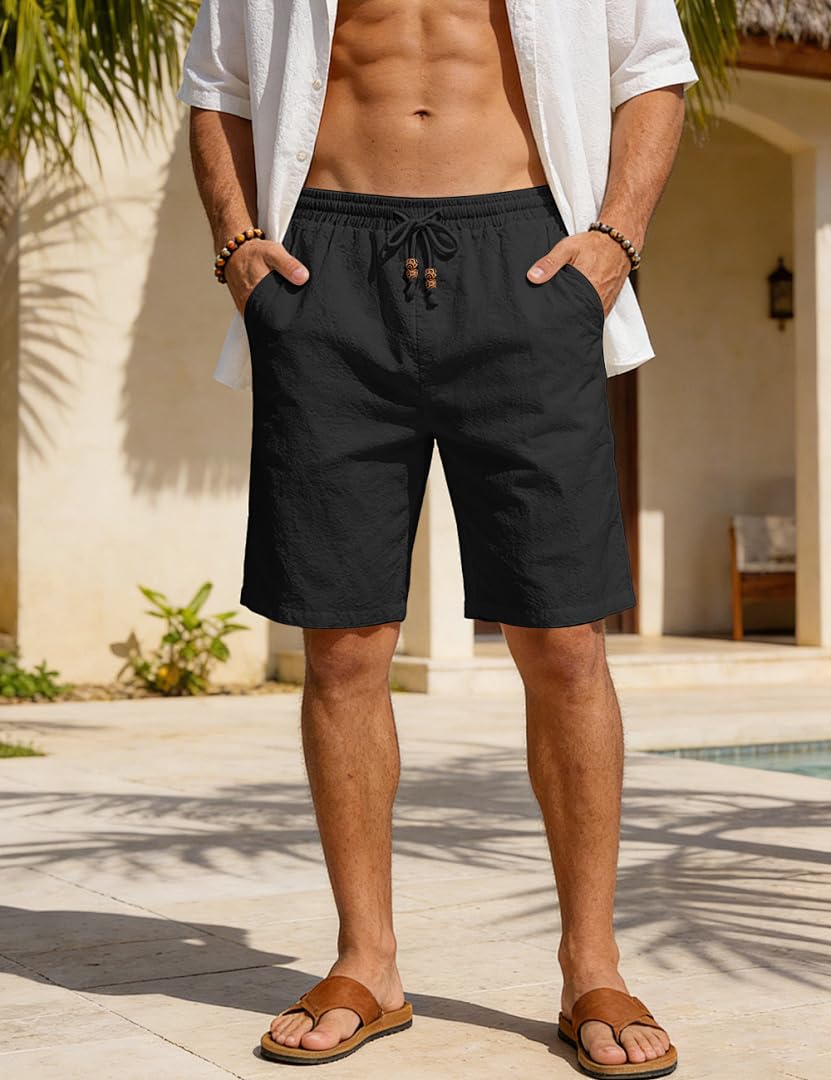 Men's Cotton Linen Shorts Casual Elastic Waist Drawstring Summer Beach Vacation Shorts with Pockets