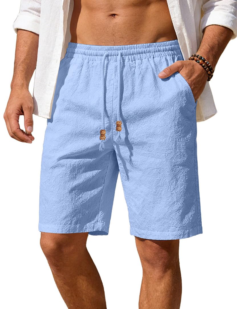 Men's Cotton Linen Shorts Casual Elastic Waist Drawstring Summer Beach Vacation Shorts with Pockets