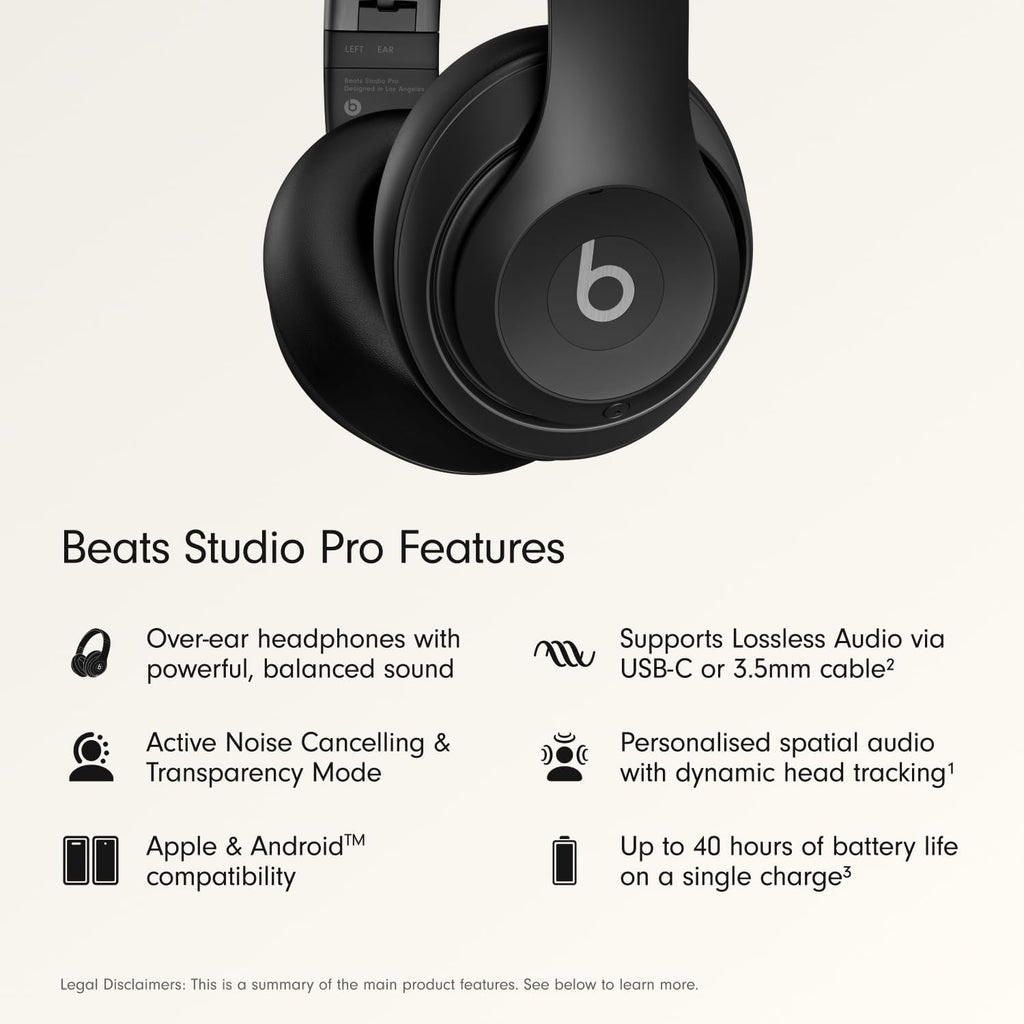 Beats Studio Pro Premium Wireless Over-Ear Headphones- Up to 40-Hour Battery Life, Active Noise Cancelling, Great for Travel & Commuting, USB-C Lossless Audio, Apple & Android Compatible -Black | Over-ear audio with active noise canceling, 40-hour battery