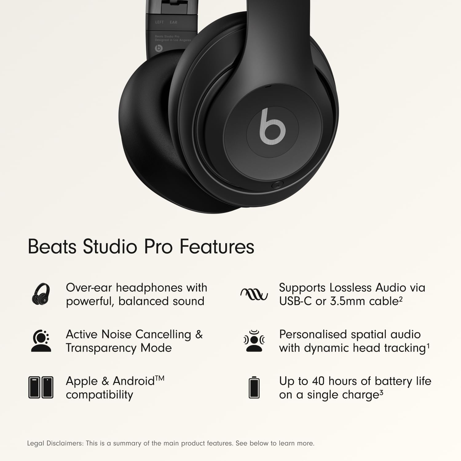 Beats Studio Pro Premium Wireless Over-Ear Headphones- Up to 40-Hour Battery Life, Active Noise Cancelling, Great for Travel & Commuting, USB-C Lossless Audio, Apple & Android Compatible -Black | Over-ear audio with active noise canceling, 40-hour battery