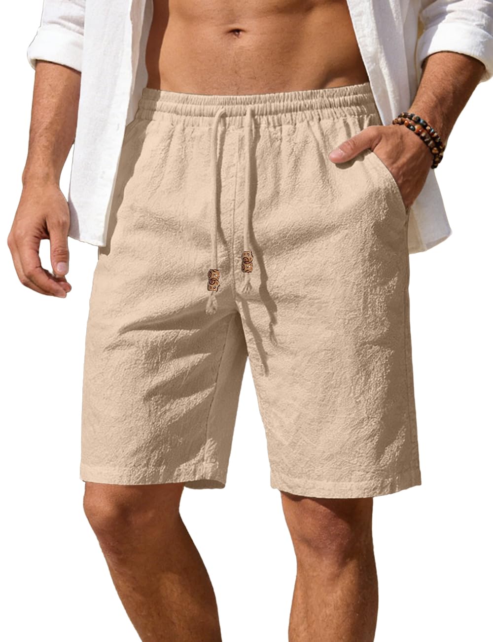 Men's Cotton Linen Shorts Casual Elastic Waist Drawstring Summer Beach Vacation Shorts with Pockets