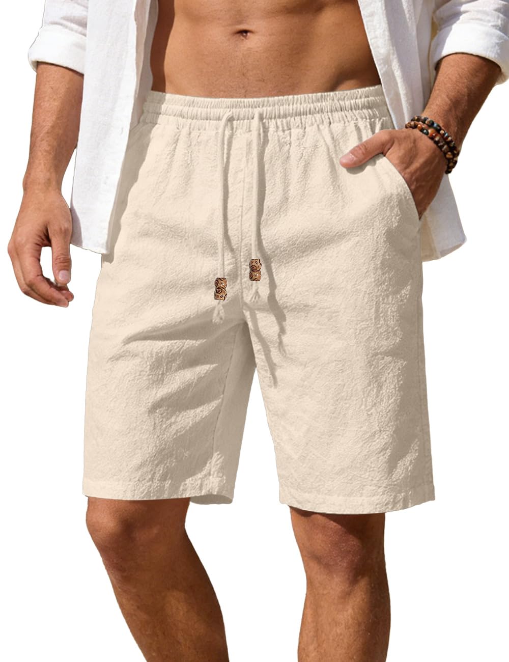 Men's Cotton Linen Shorts Casual Elastic Waist Drawstring Summer Beach Vacation Shorts with Pockets