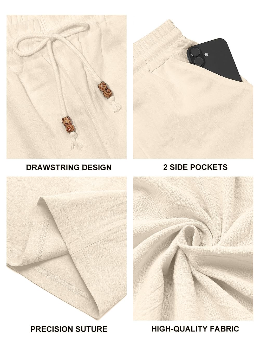 Men's Cotton Linen Shorts Casual Elastic Waist Drawstring Summer Beach Vacation Shorts with Pockets