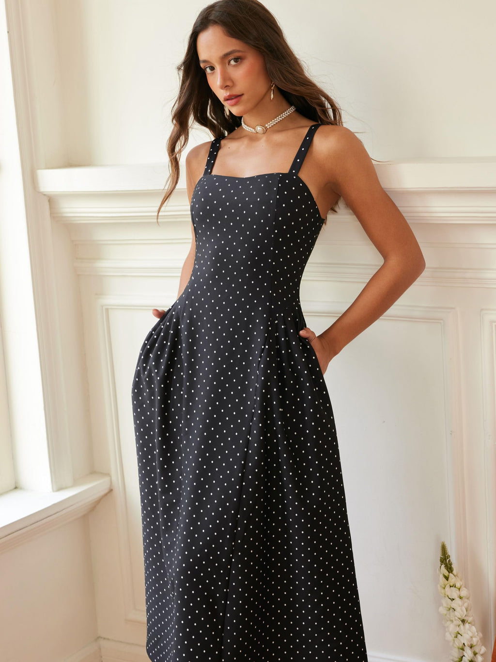 CIDER Womens Polka Dots Summer Casual Dresses Square Neck Sleeveless Midi A Line Elegant Dress