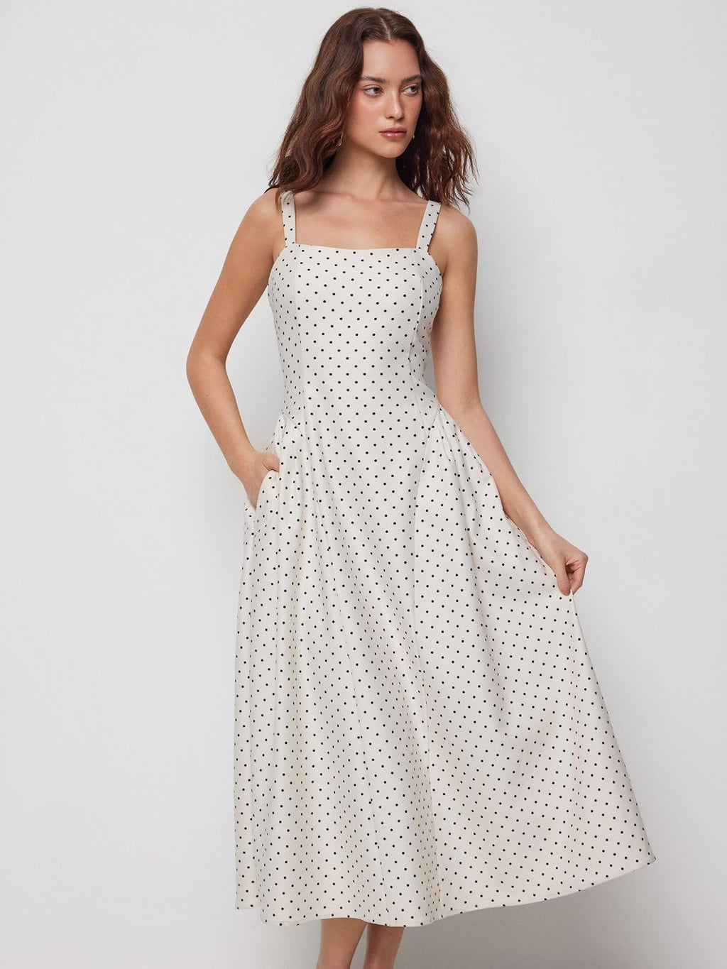 CIDER Womens Polka Dots Summer Casual Dresses Square Neck Sleeveless Midi A Line Elegant Dress