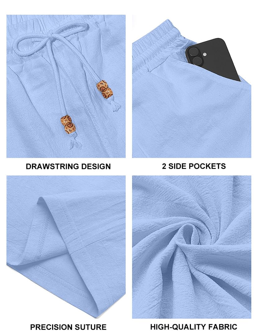 Men's Cotton Linen Shorts Casual Elastic Waist Drawstring Summer Beach Vacation Shorts with Pockets