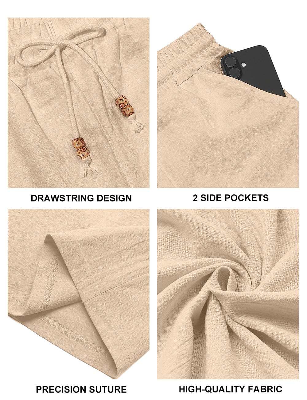 Men's Cotton Linen Shorts Casual Elastic Waist Drawstring Summer Beach Vacation Shorts with Pockets