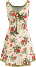 CIDER Women's Floral Summer Mini Dress Fruit V Neck Lace Trim Sun Dress | Sleeveless Tank A Line Dress, Cute Beach Vacation Outfits