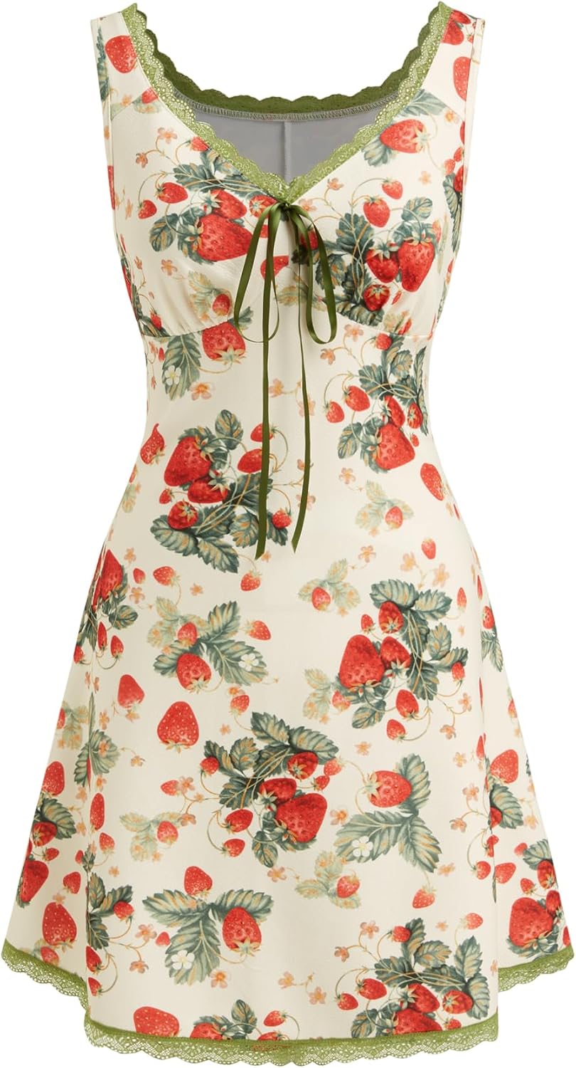 CIDER Women's Floral Summer Mini Dress Fruit V Neck Lace Trim Sun Dress | Sleeveless Tank A Line Dress, Cute Beach Vacation Outfits