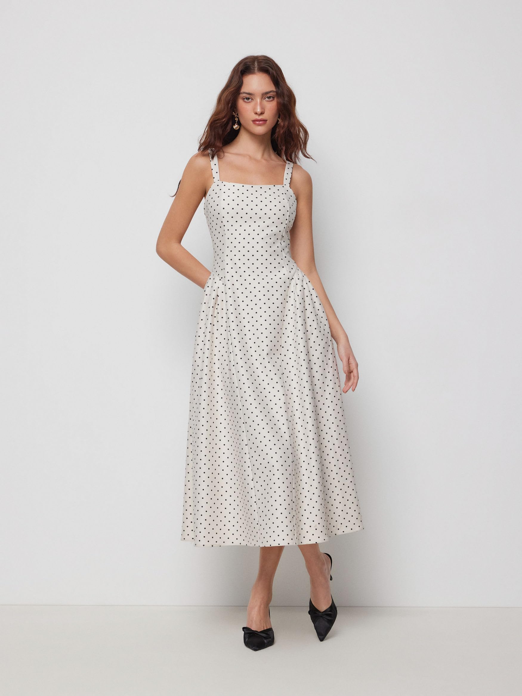 CIDER Womens Polka Dots Summer Casual Dresses Square Neck Sleeveless Midi A Line Elegant Dress