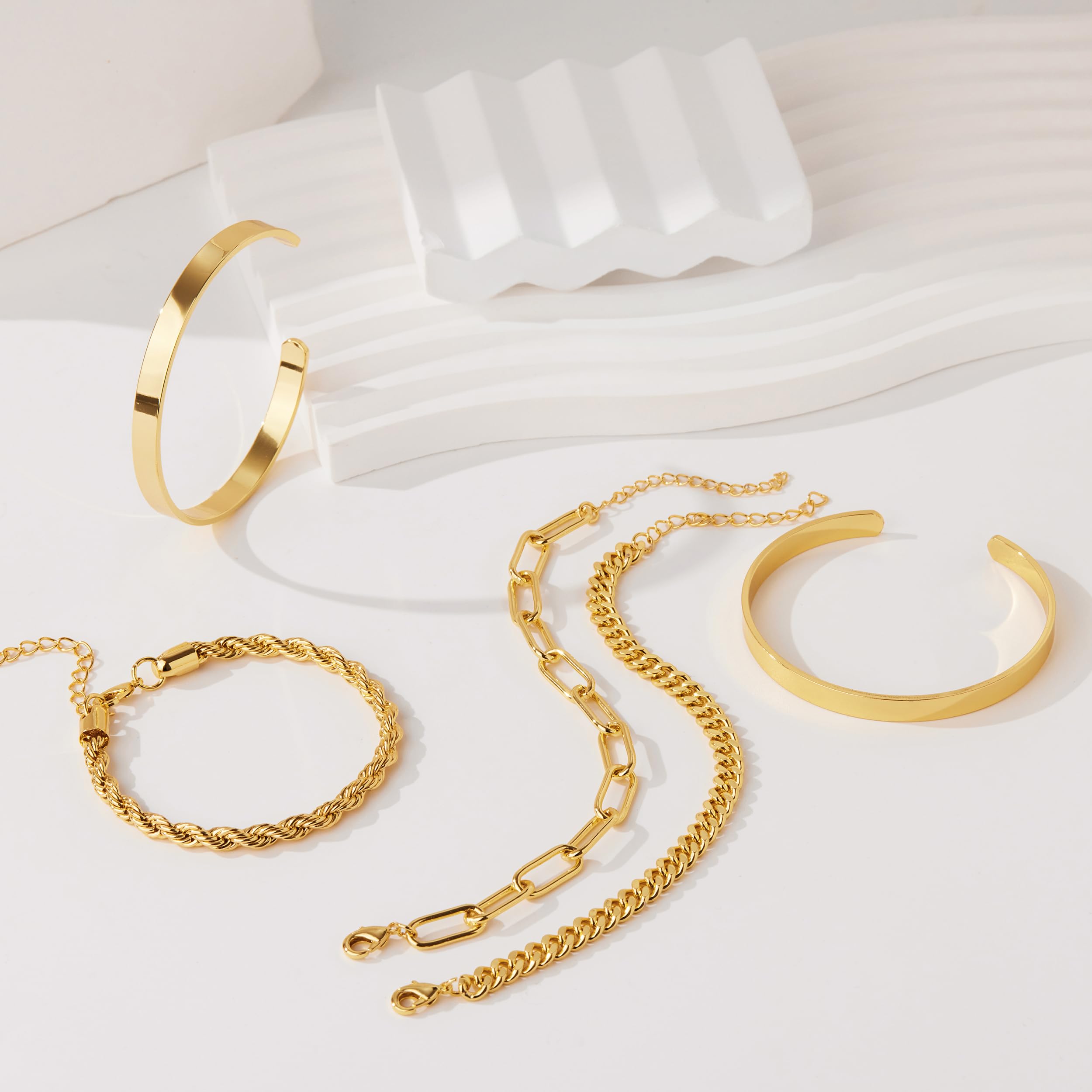 Gokeey Gold Bracelets Set for Women Non Tarnish, Waterproof 14K Gold Plated Sterling Silver Chunky Cuff Bracelet Stackable Gold Bangles Bracelet for Women Trendy Fashion Accessories Tie Knot Cuban Rope Paperclip Beaded Bracelet Stack Jewelry Mothers Day G