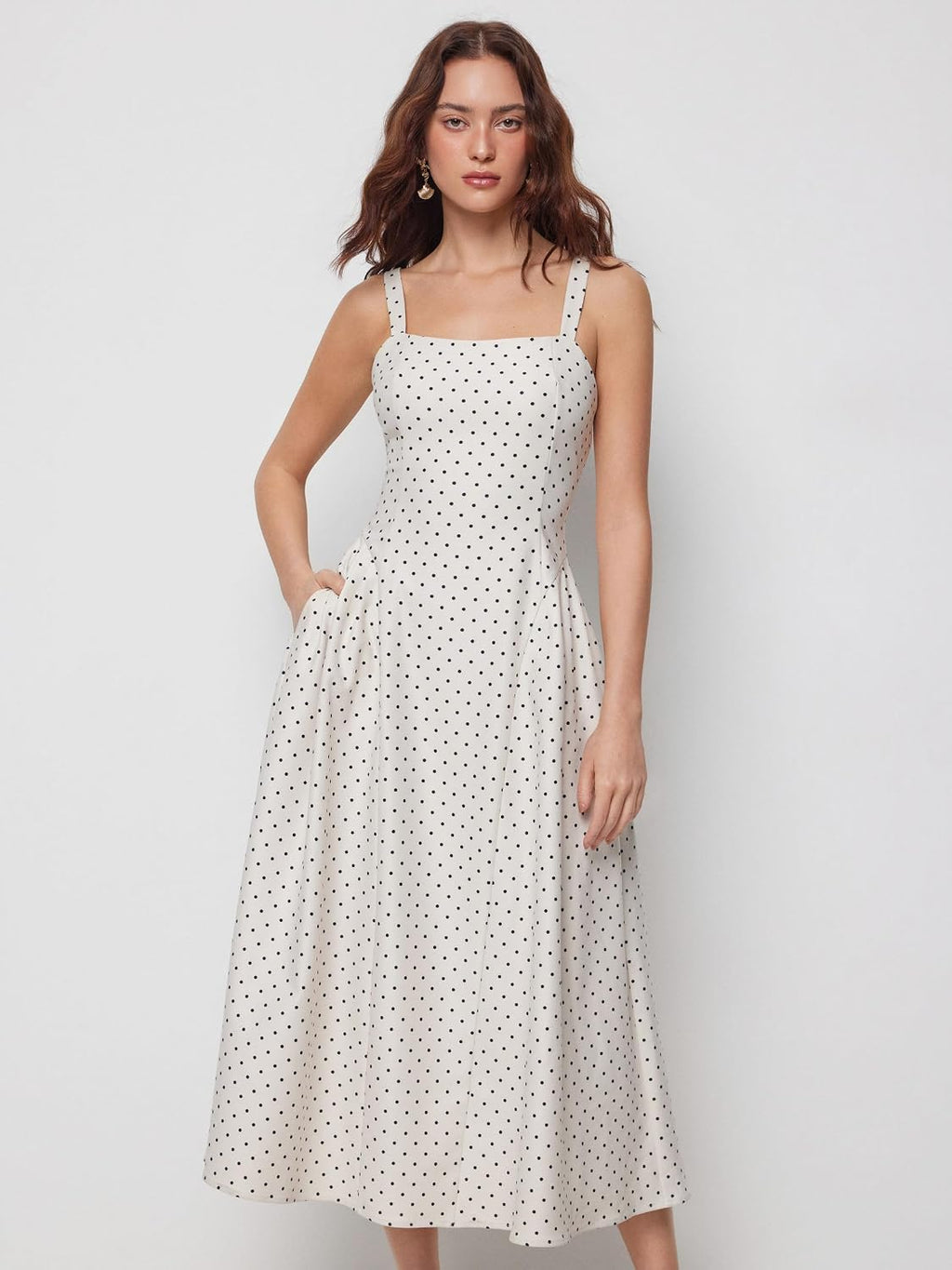 CIDER Womens Polka Dots Summer Casual Dresses Square Neck Sleeveless Midi A Line Elegant Dress