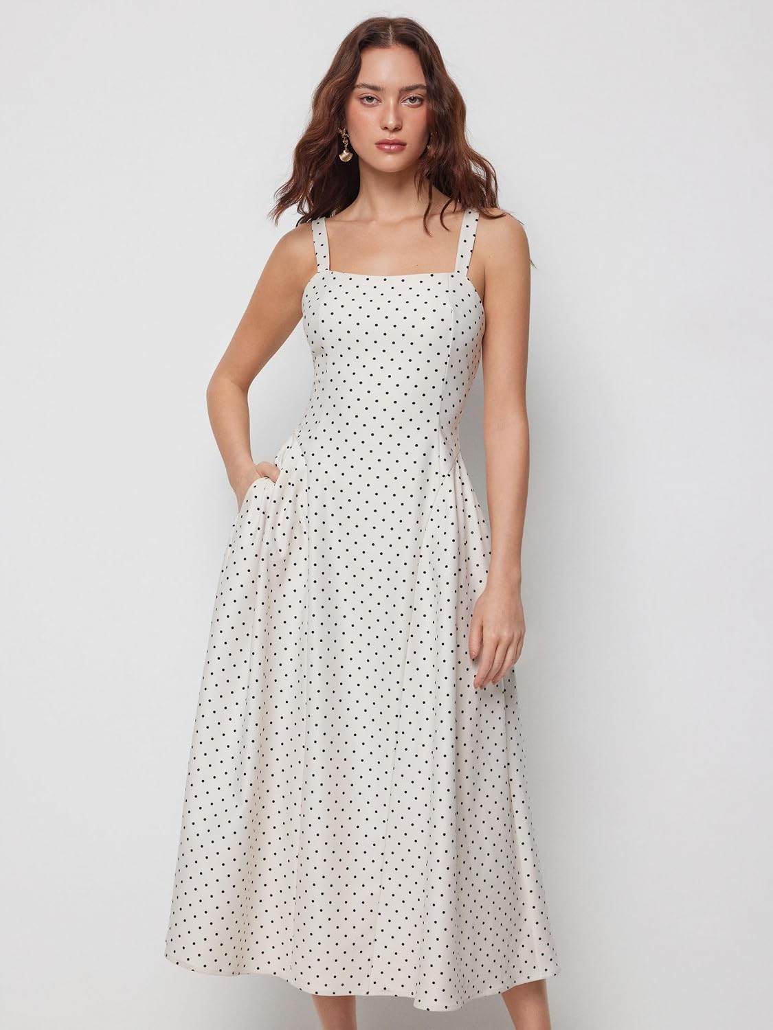 CIDER Womens Polka Dots Summer Casual Dresses Square Neck Sleeveless Midi A Line Elegant Dress