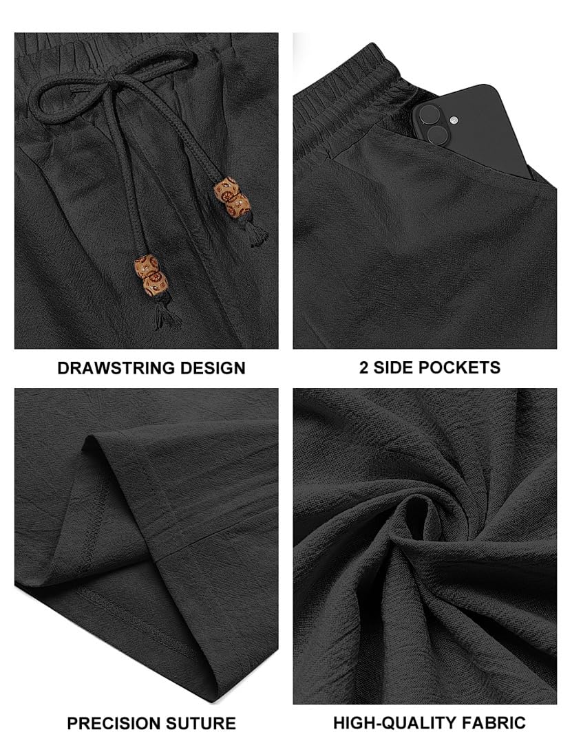 Men's Cotton Linen Shorts Casual Elastic Waist Drawstring Summer Beach Vacation Shorts with Pockets