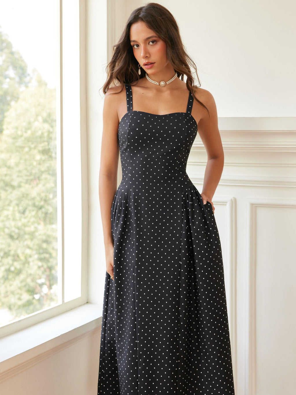 CIDER Womens Polka Dots Summer Casual Dresses Square Neck Sleeveless Midi A Line Elegant Dress