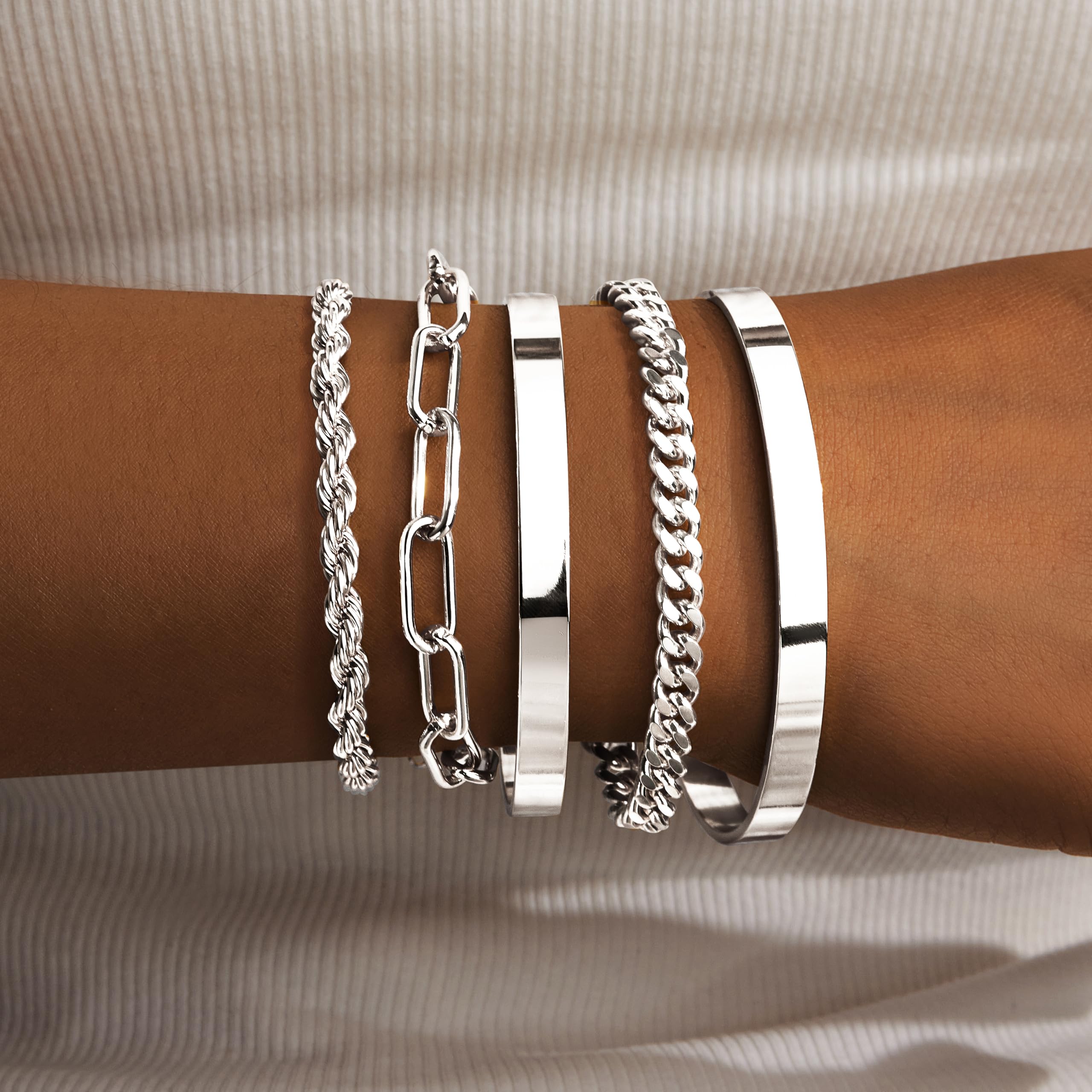 Gokeey Gold Bracelets Set for Women Non Tarnish, Waterproof 14K Gold Plated Sterling Silver Chunky Cuff Bracelet Stackable Gold Bangles Bracelet for Women Trendy Fashion Accessories Tie Knot Cuban Rope Paperclip Beaded Bracelet Stack Jewelry Mothers Day G