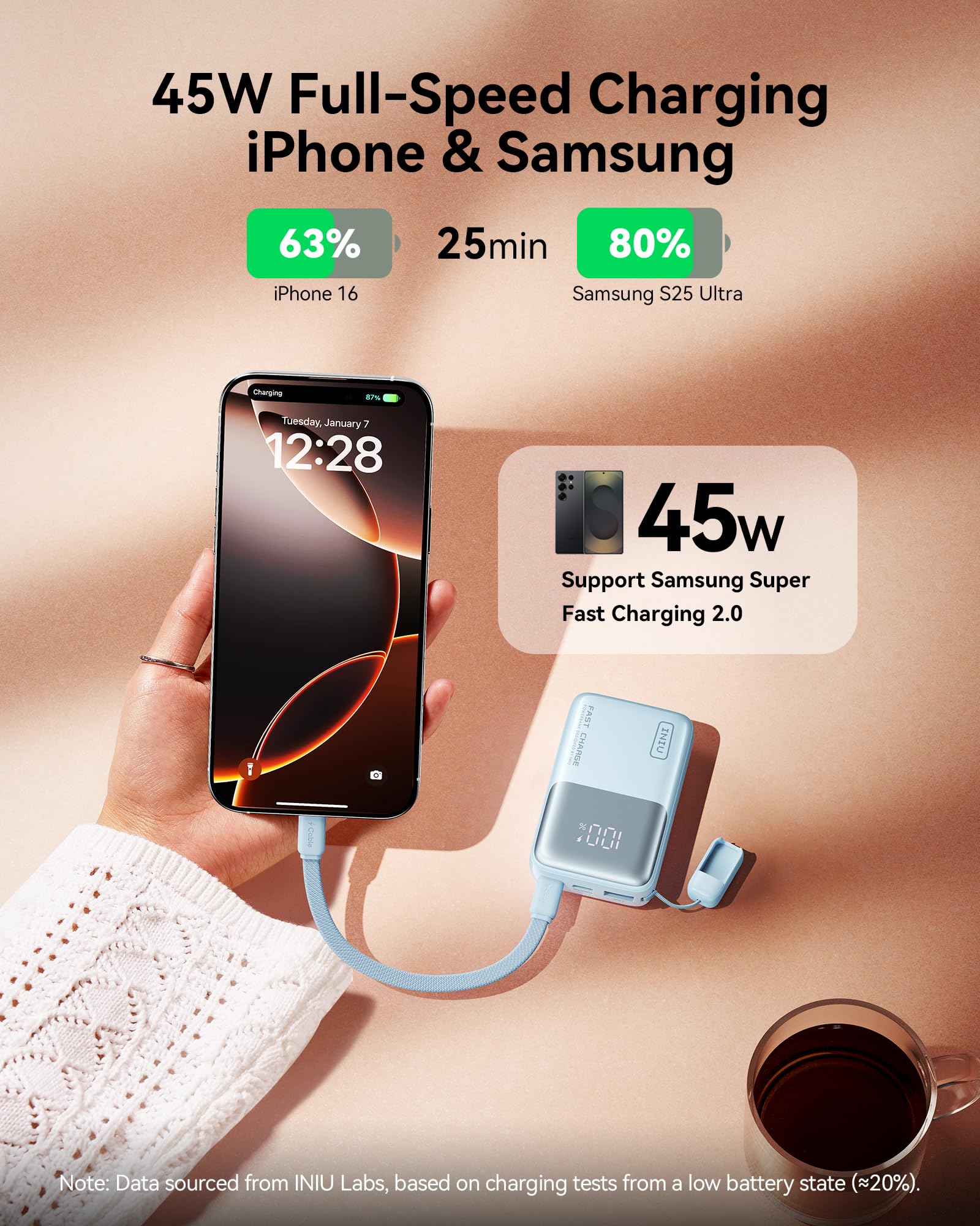 INIU Portable Charger, Ultra Mini 10000mAh 45W Fast Charging Power Bank | Flight-Safe, USB-C Cable, Travel Essential, 45W Battery Phone Pack for iPhone 17 16 Samsung S26 Google iPad etc