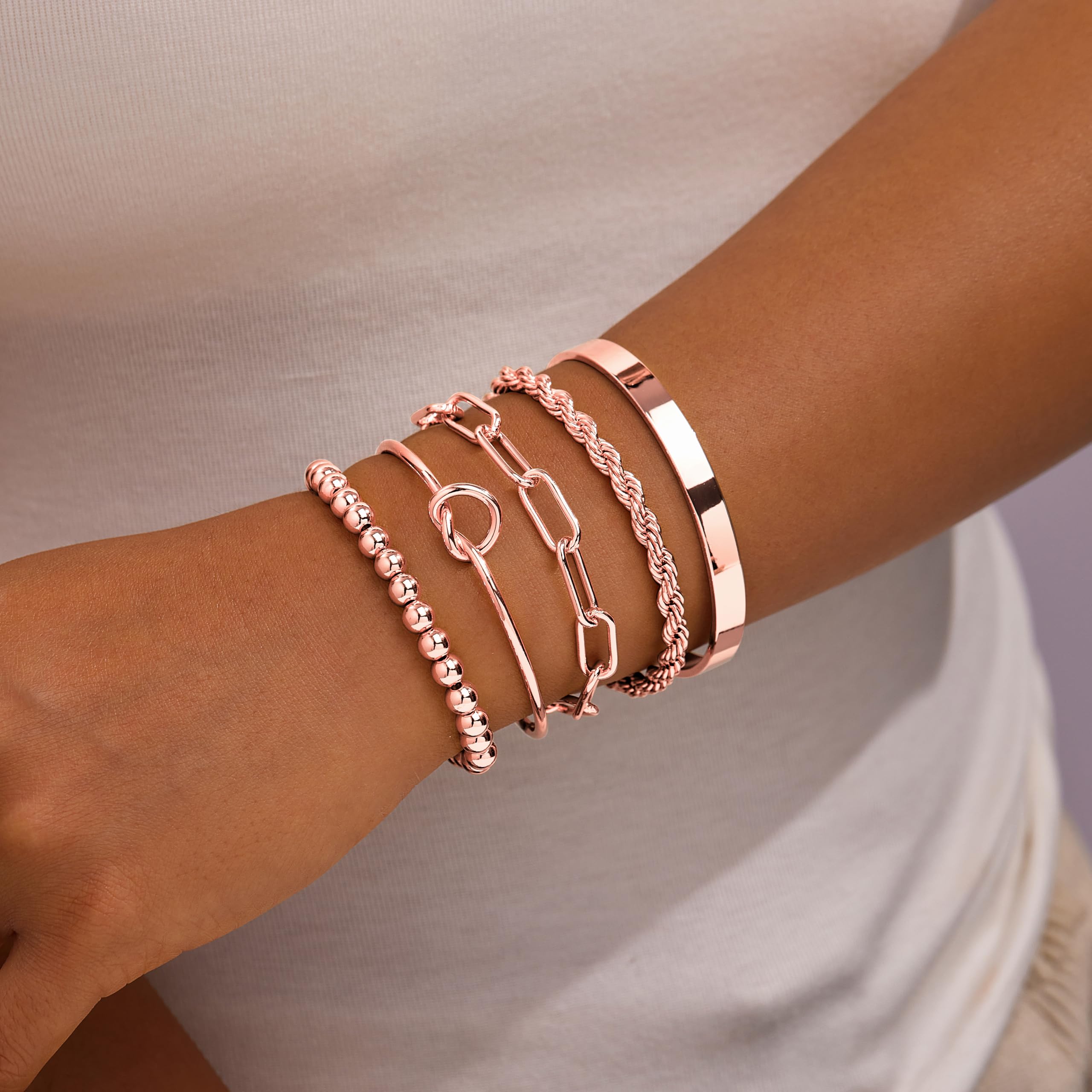 Gokeey Gold Bracelets Set for Women Non Tarnish, Waterproof 14K Gold Plated Sterling Silver Chunky Cuff Bracelet Stackable Gold Bangles Bracelet for Women Trendy Fashion Accessories Tie Knot Cuban Rope Paperclip Beaded Bracelet Stack Jewelry Mothers Day G