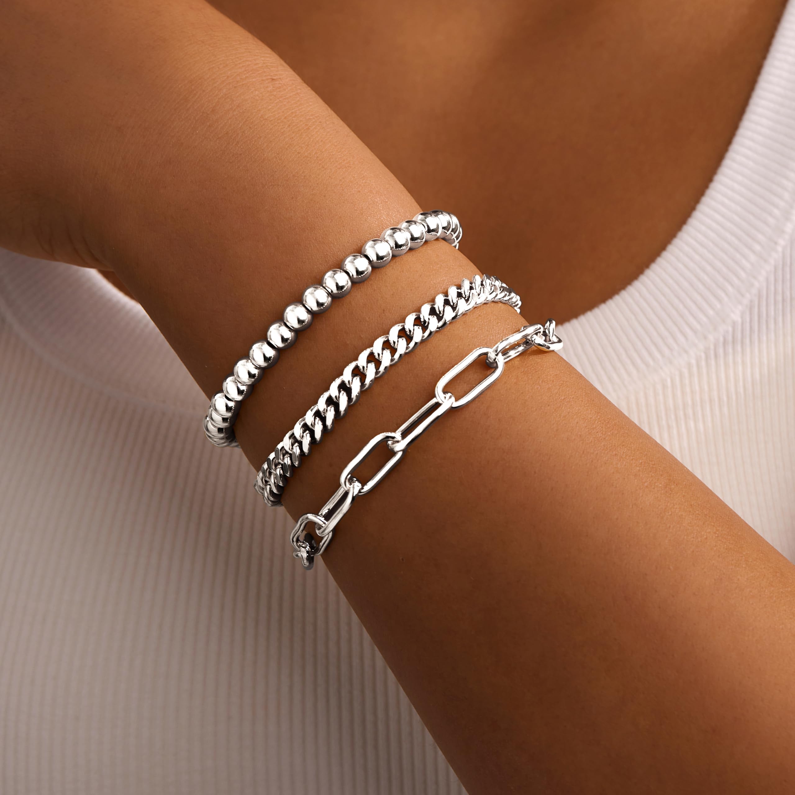 Gokeey Gold Bracelets Set for Women Non Tarnish, Waterproof 14K Gold Plated Sterling Silver Chunky Cuff Bracelet Stackable Gold Bangles Bracelet for Women Trendy Fashion Accessories Tie Knot Cuban Rope Paperclip Beaded Bracelet Stack Jewelry Mothers Day G