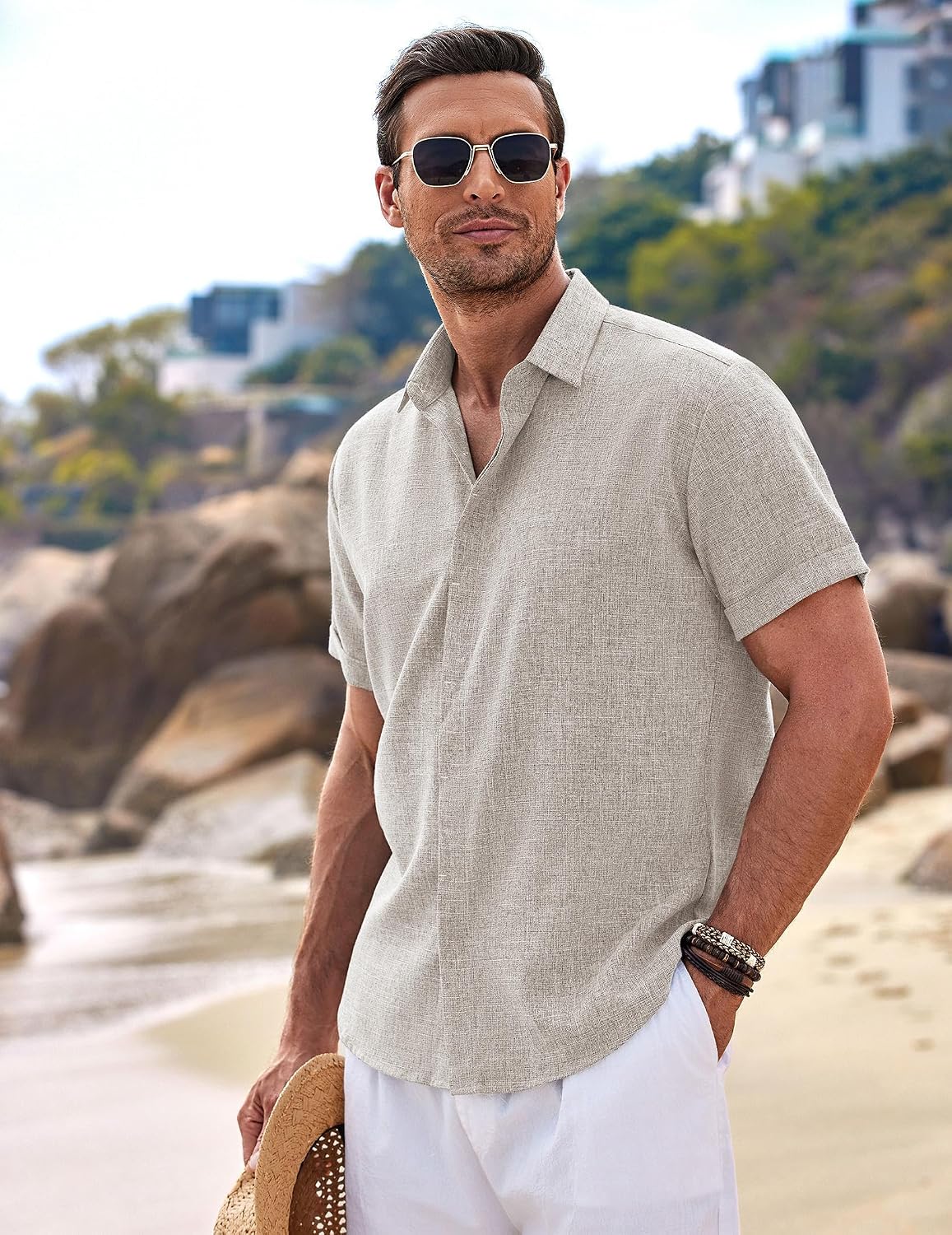 COOFANDY Men's Linen Shirts Short Sleeve Casual Shirts Button Down Shirt for Men Beach Summer Wedding Shirt