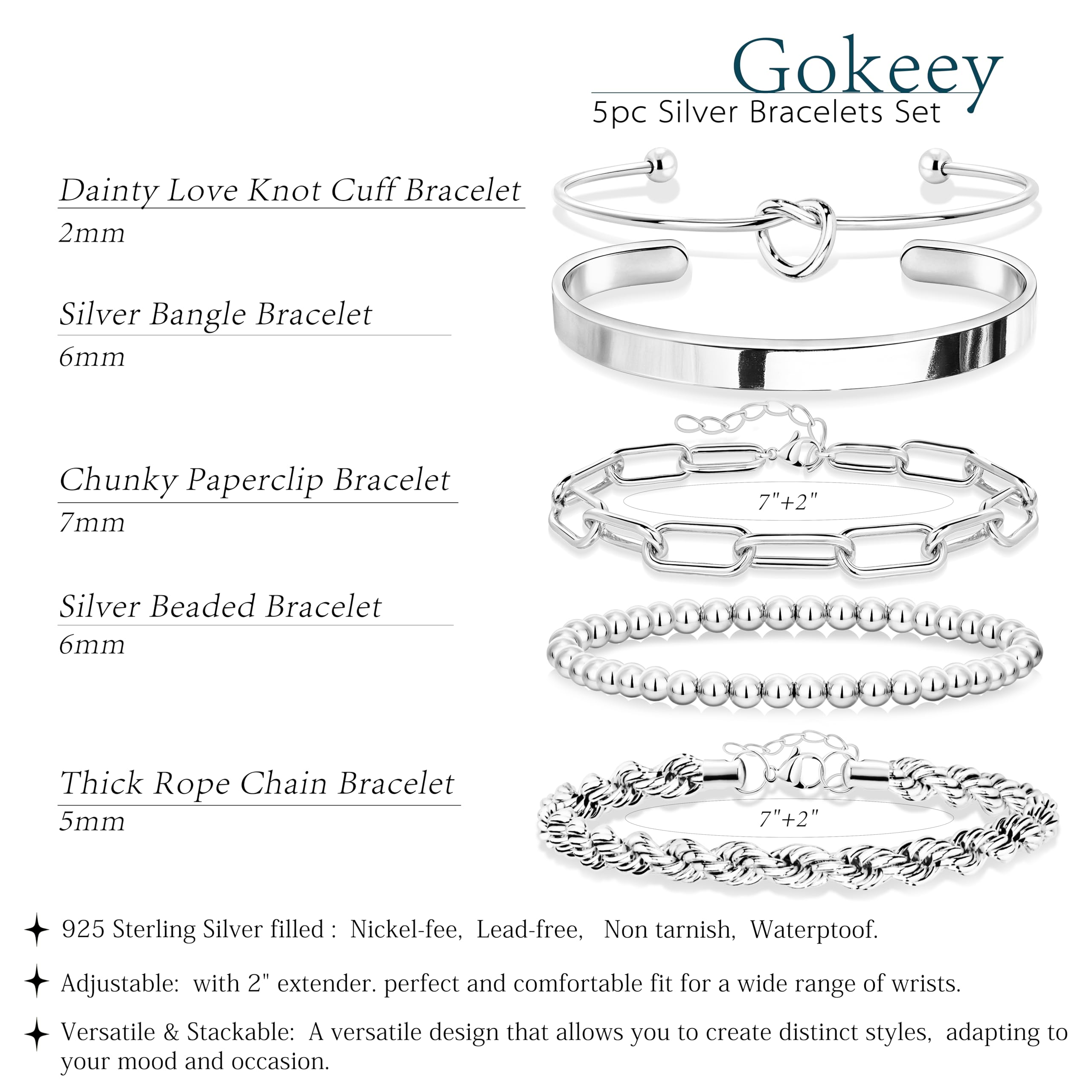 Gokeey Gold Bracelets Set for Women Non Tarnish, Waterproof 14K Gold Plated Sterling Silver Chunky Cuff Bracelet Stackable Gold Bangles Bracelet for Women Trendy Fashion Accessories Tie Knot Cuban Rope Paperclip Beaded Bracelet Stack Jewelry Mothers Day G