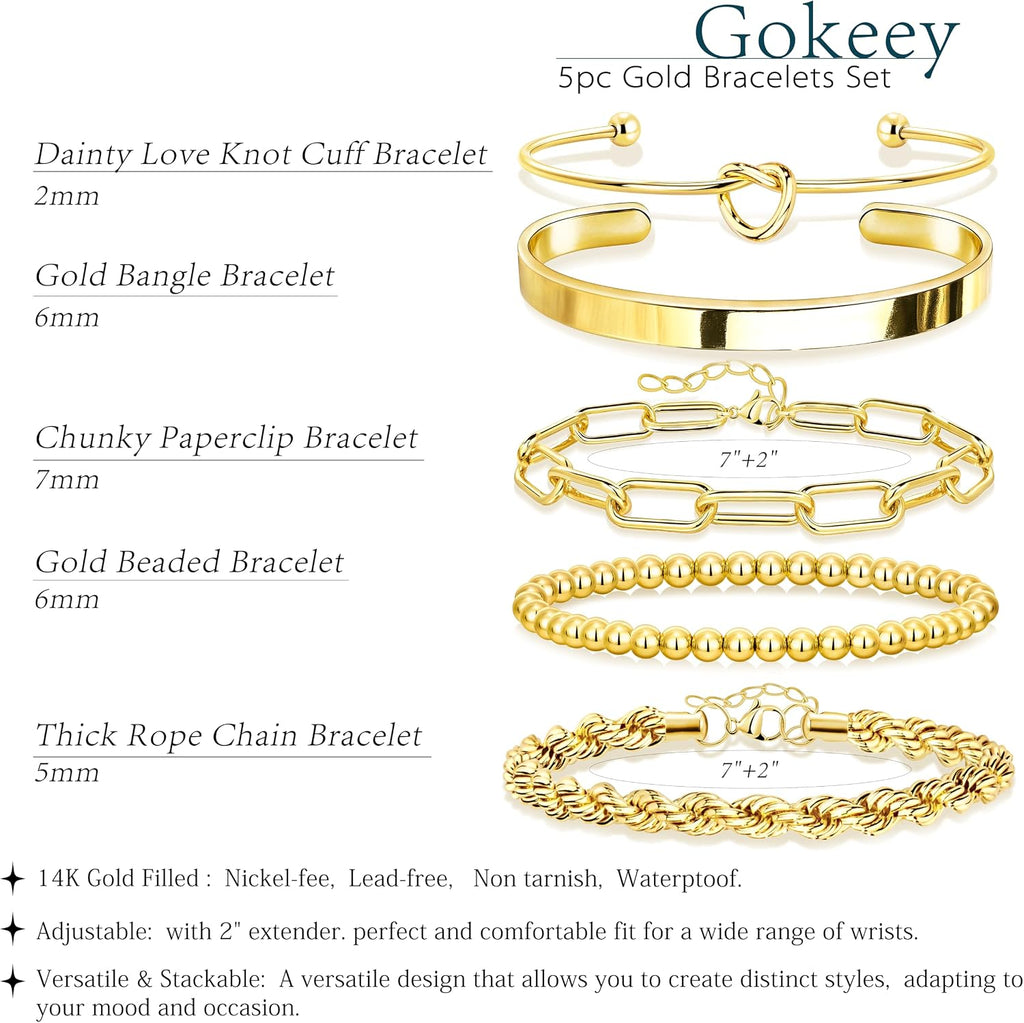 Gokeey Gold Bracelets Set for Women Non Tarnish, Waterproof 14K Gold Plated Sterling Silver Chunky Cuff Bracelet Stackable Gold Bangles Bracelet for Women Trendy Fashion Accessories Tie Knot Cuban Rope Paperclip Beaded Bracelet Stack Jewelry Mothers Day G