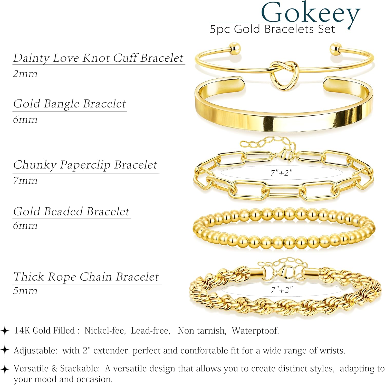 Gokeey Gold Bracelets Set for Women Non Tarnish, Waterproof 14K Gold Plated Sterling Silver Chunky Cuff Bracelet Stackable Gold Bangles Bracelet for Women Trendy Fashion Accessories Tie Knot Cuban Rope Paperclip Beaded Bracelet Stack Jewelry Mothers Day G