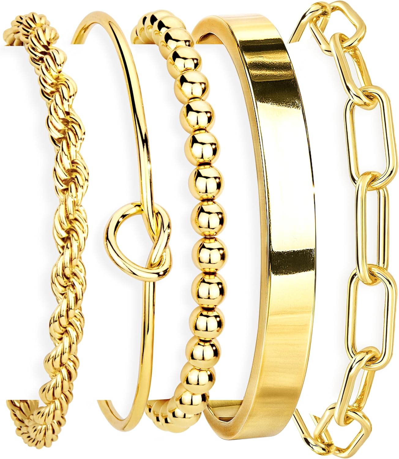 Gokeey Gold Bracelets Set for Women Non Tarnish, Waterproof 14K Gold Plated Sterling Silver Chunky Cuff Bracelet Stackable Gold Bangles Bracelet for Women Trendy Fashion Accessories Tie Knot Cuban Rope Paperclip Beaded Bracelet Stack Jewelry Mothers Day G