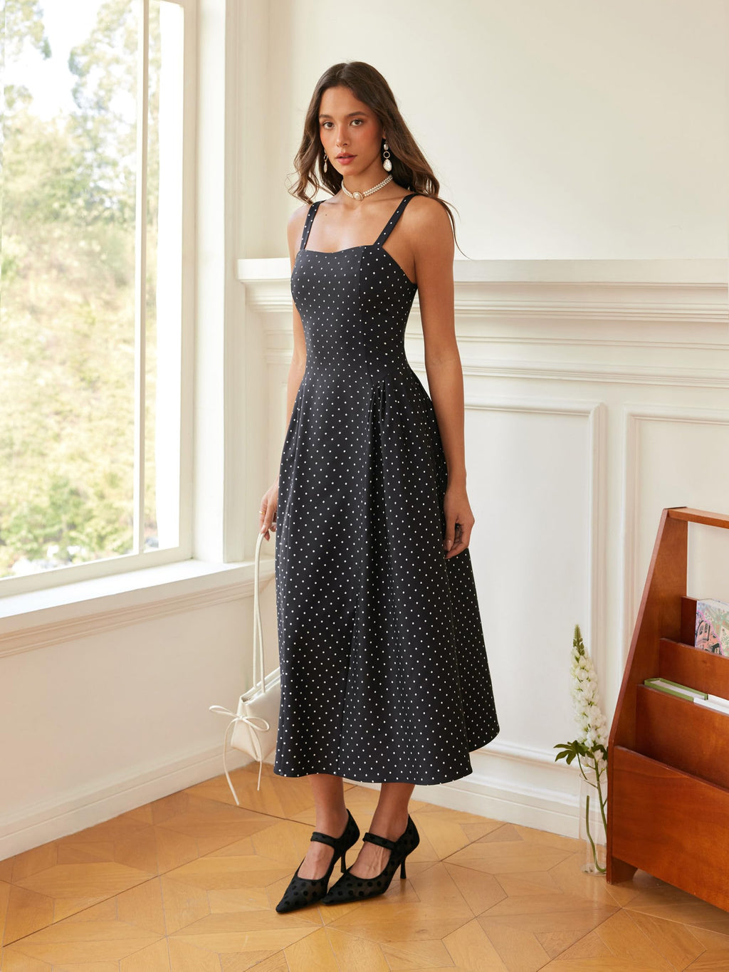 CIDER Womens Polka Dots Summer Casual Dresses Square Neck Sleeveless Midi A Line Elegant Dress