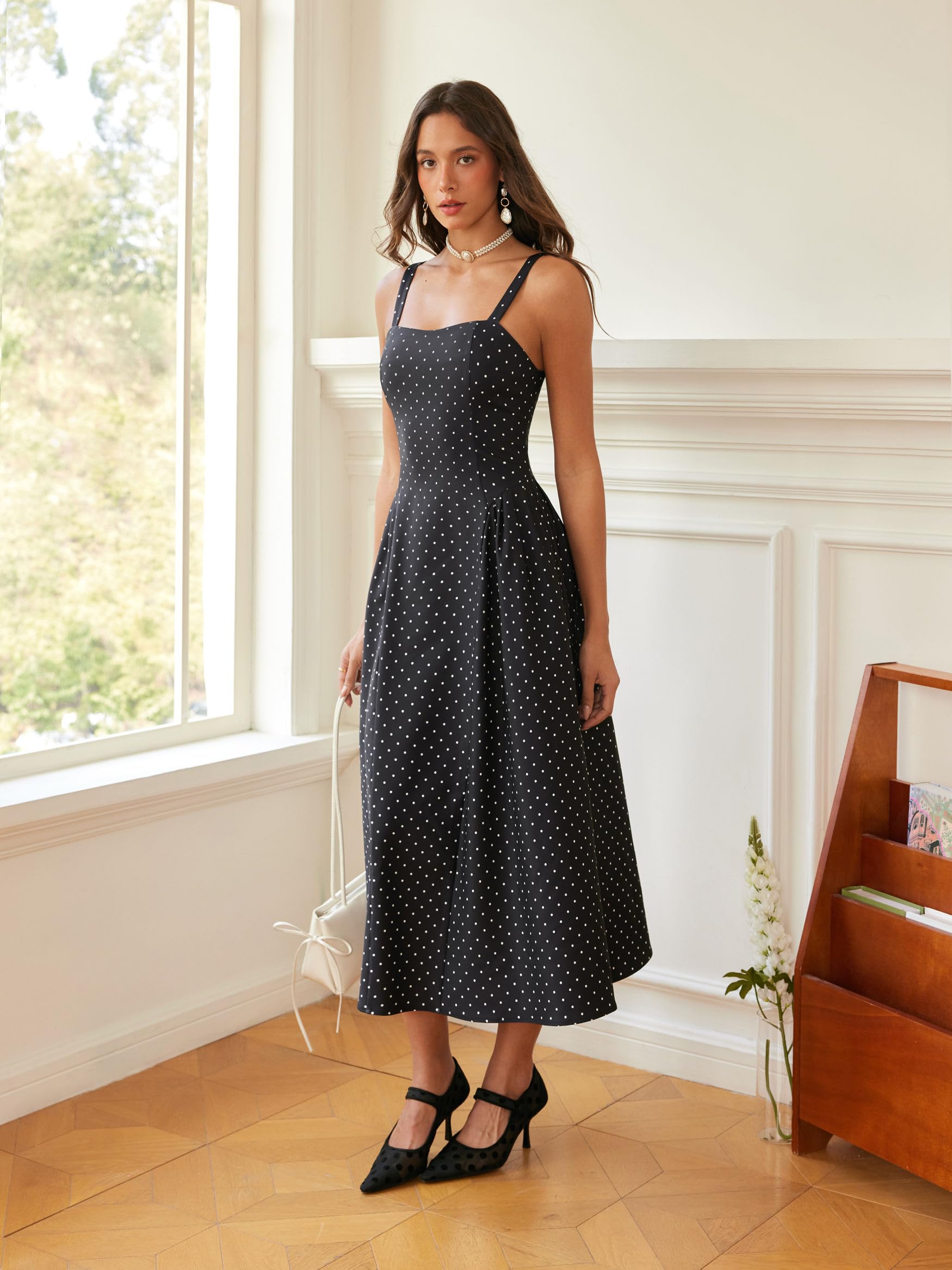CIDER Womens Polka Dots Summer Casual Dresses Square Neck Sleeveless Midi A Line Elegant Dress