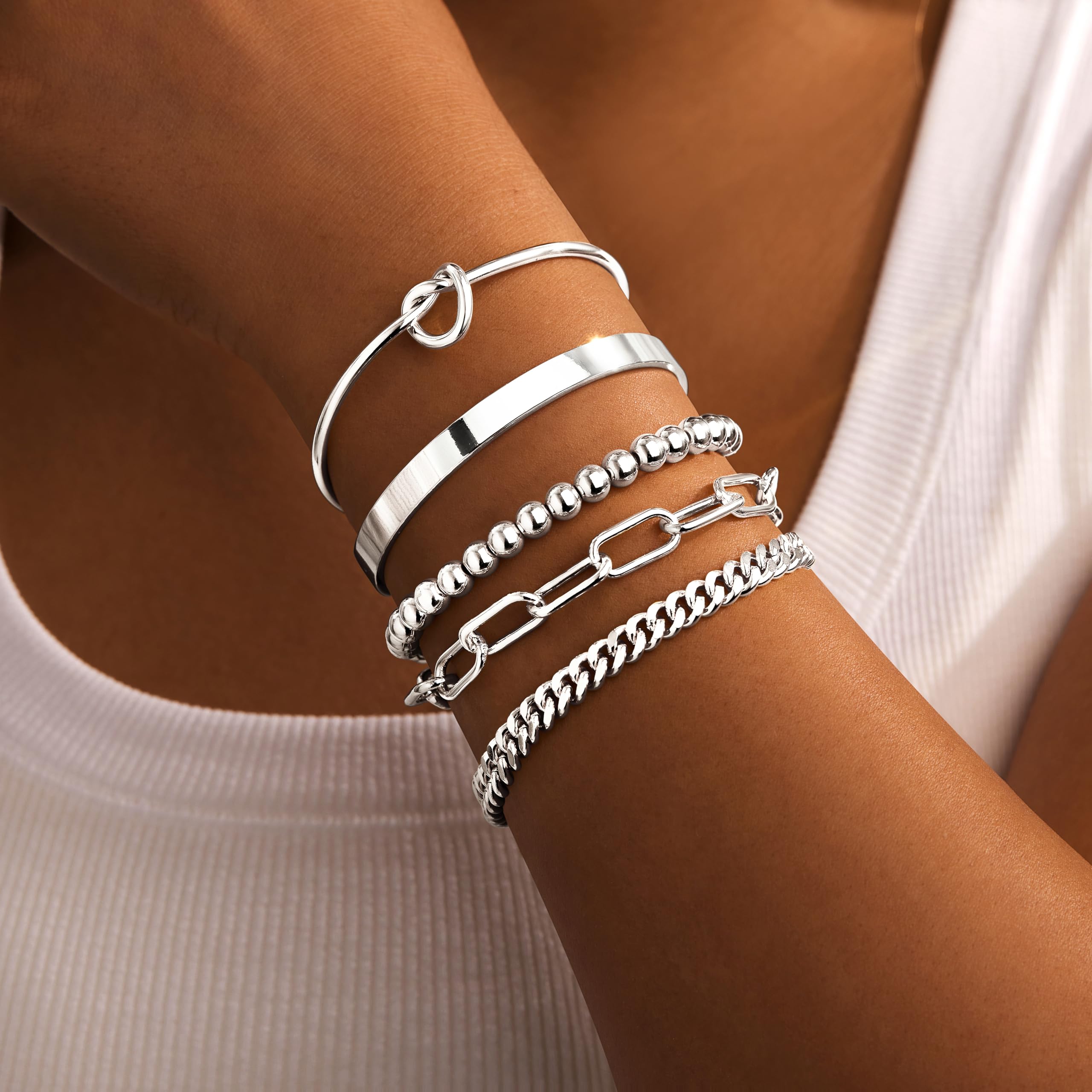 Gokeey Gold Bracelets Set for Women Non Tarnish, Waterproof 14K Gold Plated Sterling Silver Chunky Cuff Bracelet Stackable Gold Bangles Bracelet for Women Trendy Fashion Accessories Tie Knot Cuban Rope Paperclip Beaded Bracelet Stack Jewelry Mothers Day G