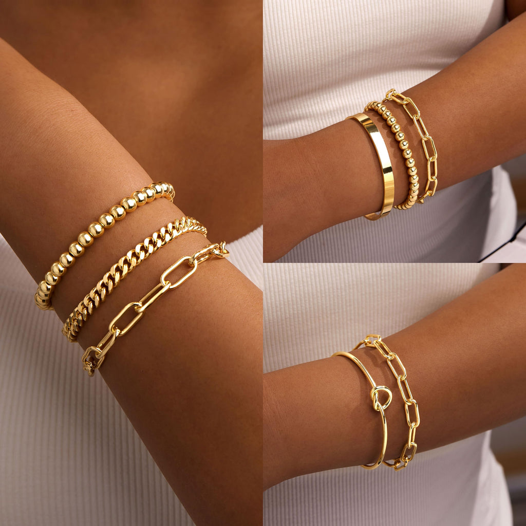 Gokeey Gold Bracelets Set for Women Non Tarnish, Waterproof 14K Gold Plated Sterling Silver Chunky Cuff Bracelet Stackable Gold Bangles Bracelet for Women Trendy Fashion Accessories Tie Knot Cuban Rope Paperclip Beaded Bracelet Stack Jewelry Mothers Day G