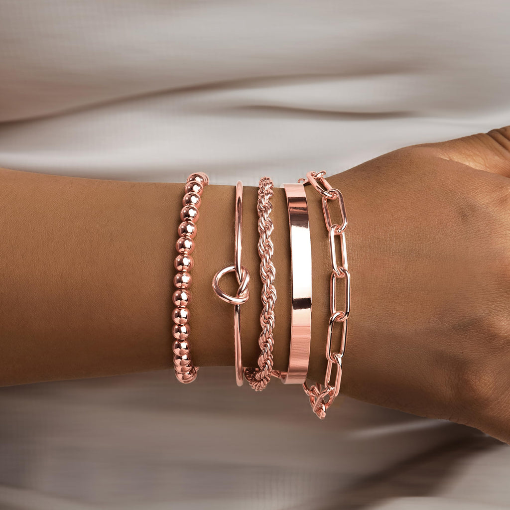 Gokeey Gold Bracelets Set for Women Non Tarnish, Waterproof 14K Gold Plated Sterling Silver Chunky Cuff Bracelet Stackable Gold Bangles Bracelet for Women Trendy Fashion Accessories Tie Knot Cuban Rope Paperclip Beaded Bracelet Stack Jewelry Mothers Day G