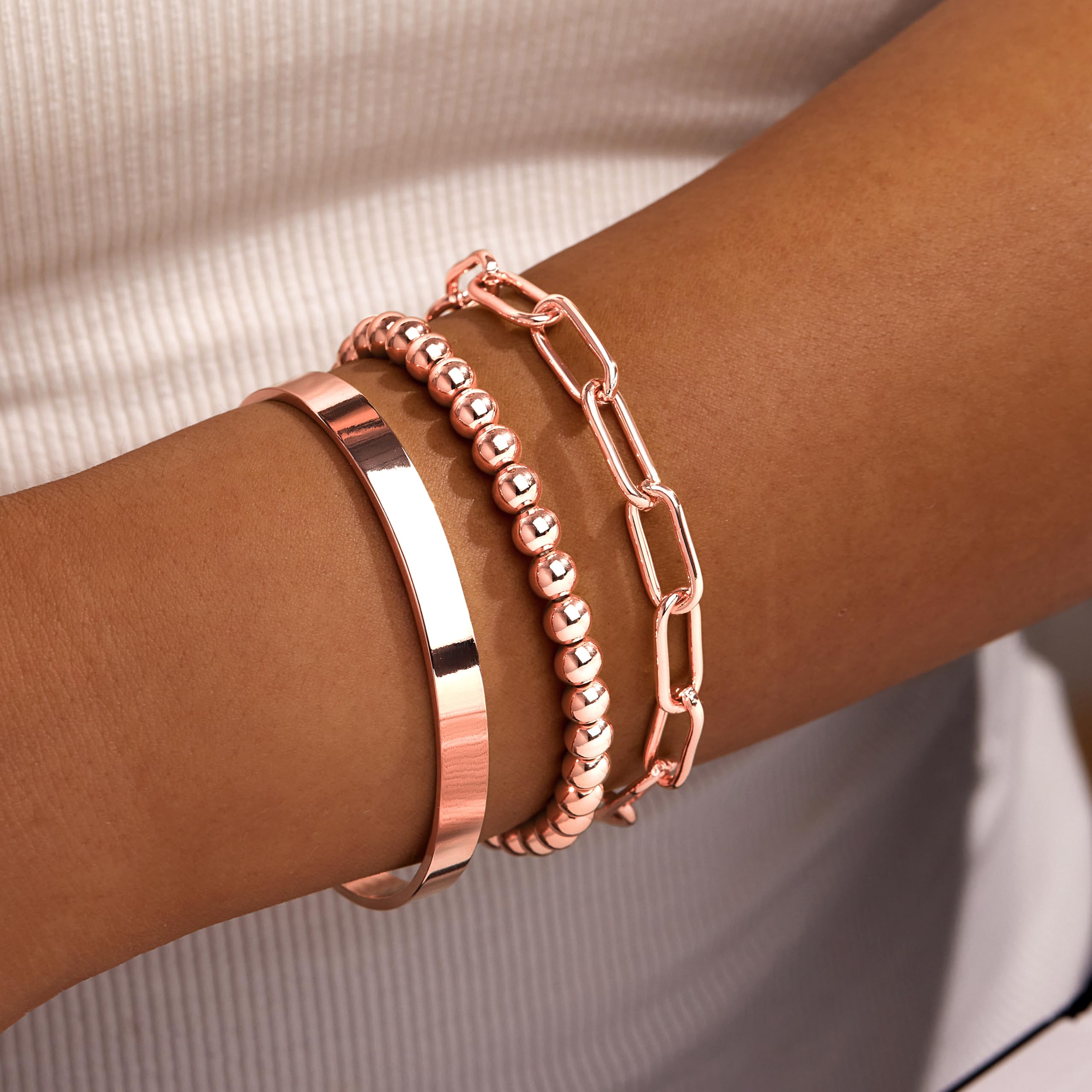 Gokeey Gold Bracelets Set for Women Non Tarnish, Waterproof 14K Gold Plated Sterling Silver Chunky Cuff Bracelet Stackable Gold Bangles Bracelet for Women Trendy Fashion Accessories Tie Knot Cuban Rope Paperclip Beaded Bracelet Stack Jewelry Mothers Day G