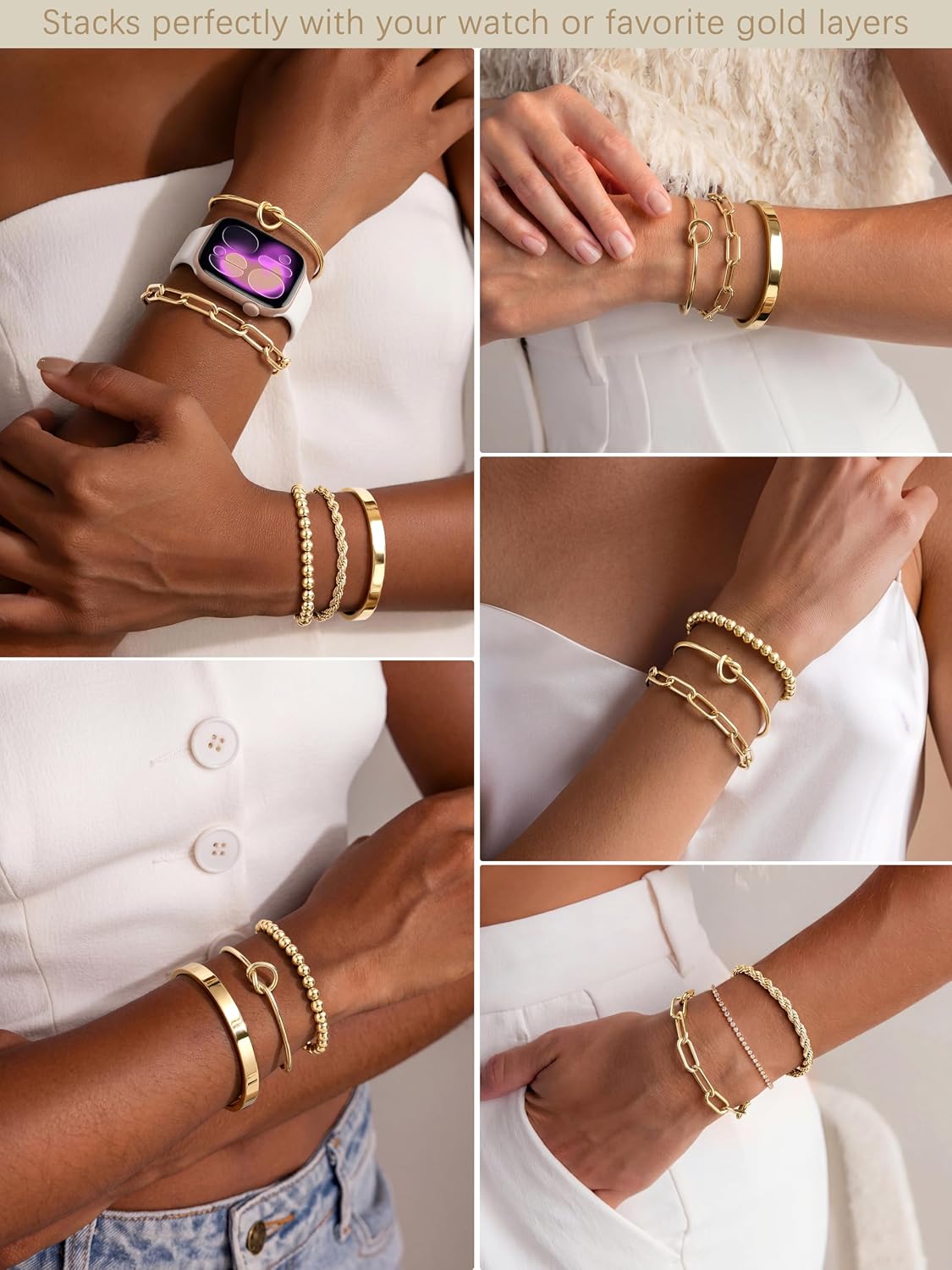 Gokeey Gold Bracelets Set for Women Non Tarnish, Waterproof 14K Gold Plated Sterling Silver Chunky Cuff Bracelet Stackable Gold Bangles Bracelet for Women Trendy Fashion Accessories Tie Knot Cuban Rope Paperclip Beaded Bracelet Stack Jewelry Mothers Day G