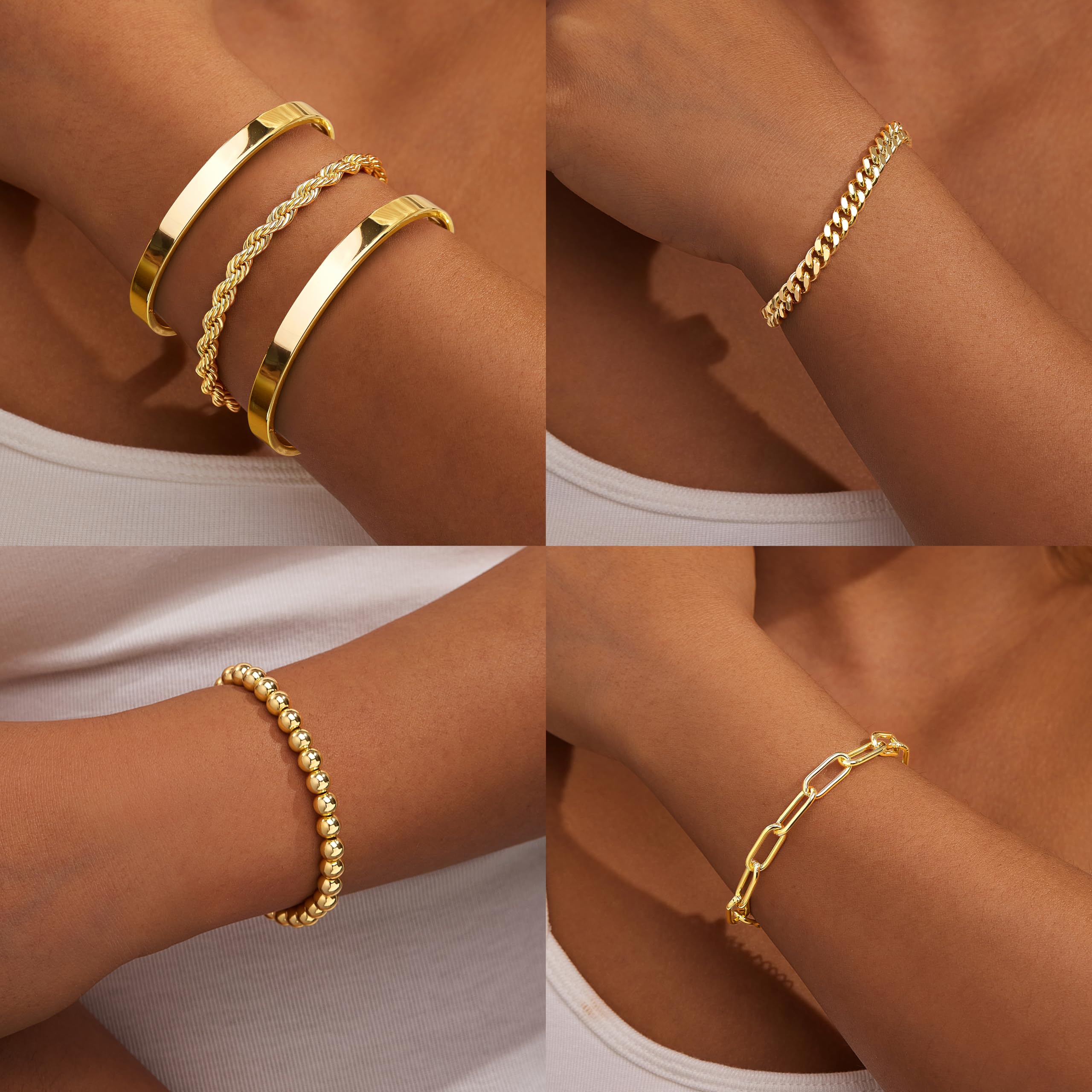 Gokeey Gold Bracelets Set for Women Non Tarnish, Waterproof 14K Gold Plated Sterling Silver Chunky Cuff Bracelet Stackable Gold Bangles Bracelet for Women Trendy Fashion Accessories Tie Knot Cuban Rope Paperclip Beaded Bracelet Stack Jewelry Mothers Day G