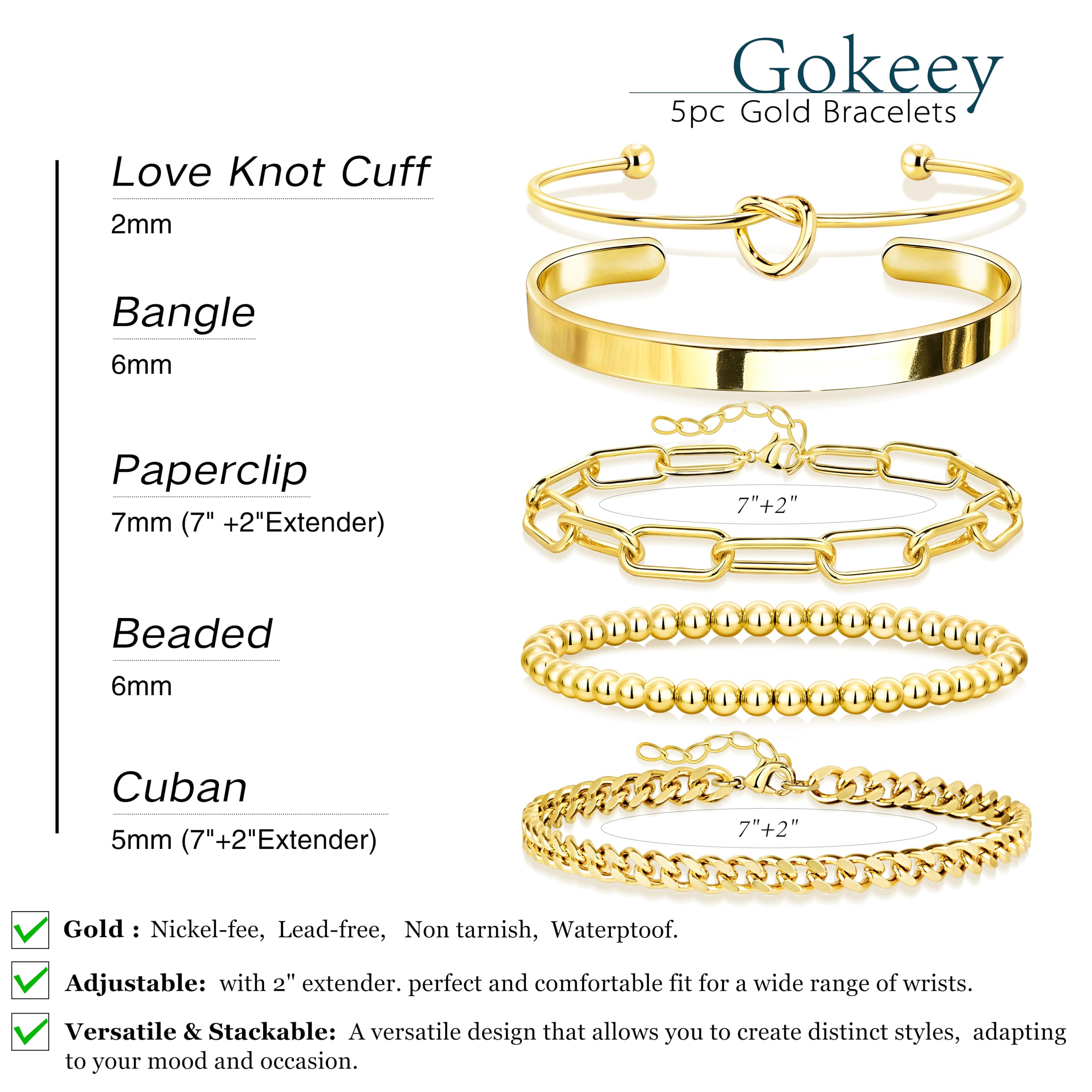 Gokeey Gold Bracelets Set for Women Non Tarnish, Waterproof 14K Gold Plated Sterling Silver Chunky Cuff Bracelet Stackable Gold Bangles Bracelet for Women Trendy Fashion Accessories Tie Knot Cuban Rope Paperclip Beaded Bracelet Stack Jewelry Mothers Day G