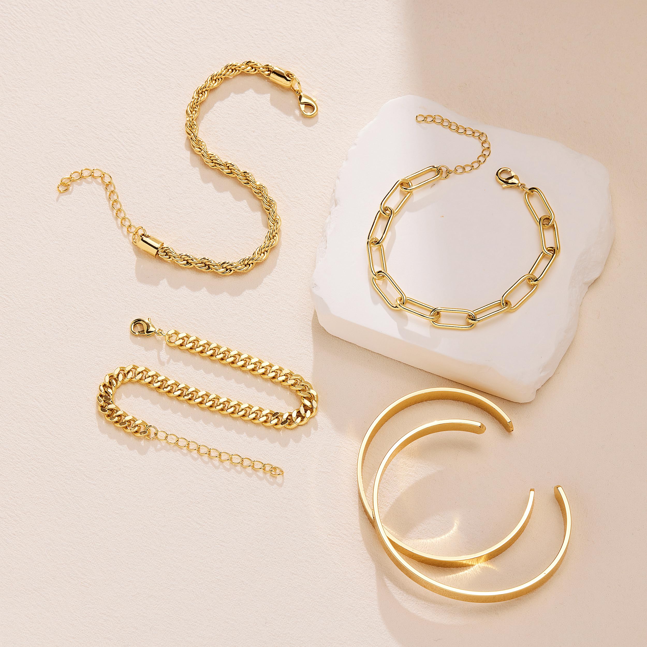 Gokeey Gold Bracelets Set for Women Non Tarnish, Waterproof 14K Gold Plated Sterling Silver Chunky Cuff Bracelet Stackable Gold Bangles Bracelet for Women Trendy Fashion Accessories Tie Knot Cuban Rope Paperclip Beaded Bracelet Stack Jewelry Mothers Day G